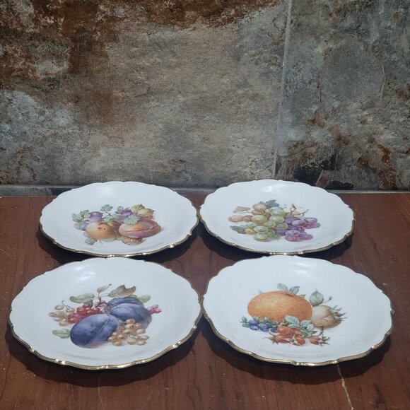 Schumann Arzberg Germany Fruit Nuts Salad Dessert Plate Set of 4 Gold Scalloped - Picture 12 of 13